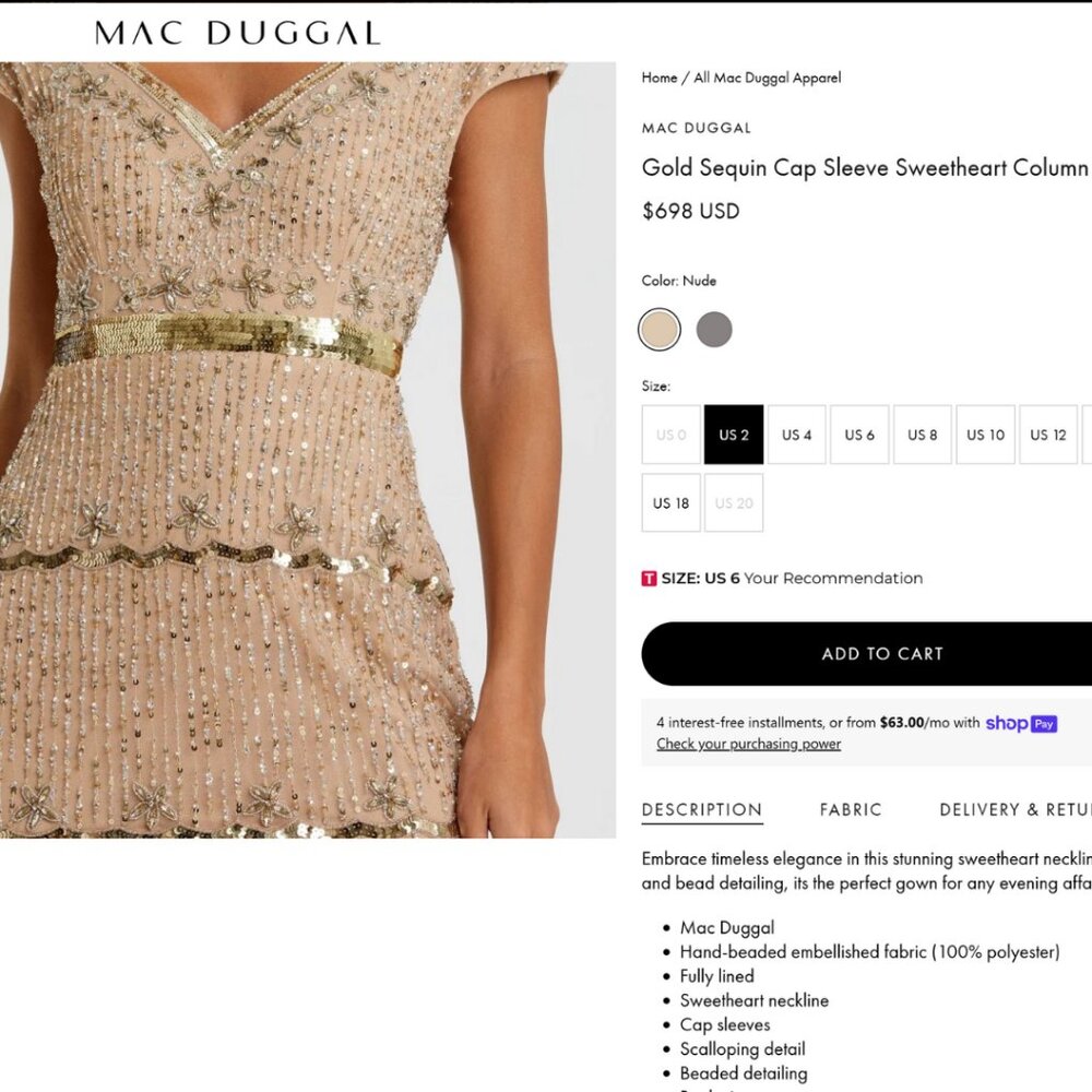 $698 Mac Duggal Size 4 Beaded Sequin Nude Beige Gold Long Column Gown Maxi Dress - Picture 3 of 6